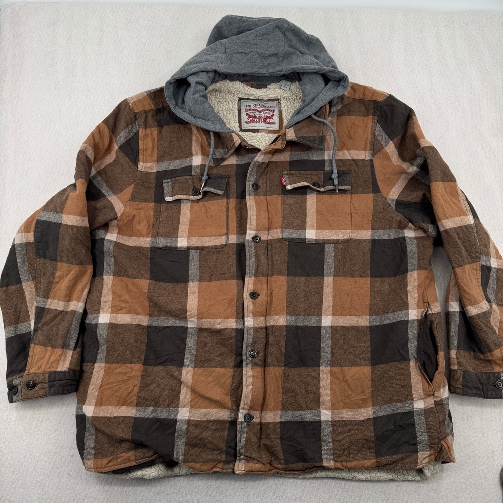 Levis Mens 3XL Brown Plaid Sherpa Lined Hooded Flannel Shirt Jacket Shacket